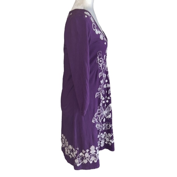 Johnny Was Purple Embroidered Floral Butterfly Long Ruched Sleeve Knit Dress - M - Picture 4 of 10
